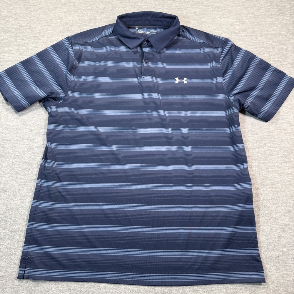 Under Armor Polo Shirt Men Large Striped Blue Loose Fit Headgear Golf Casual‎